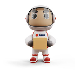 Delivery spaceman holding a box, 3d rendering