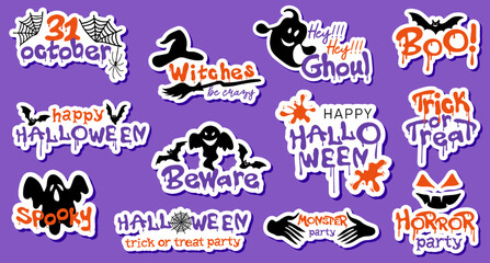 Set of halloween sticker with ghosts, bats and spider webs. Print for graphic tee, sweatshirt, poster. Vector collection of Halloween theme elements.