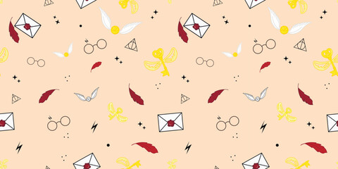 Obraz premium Seamless pattern magic school. Vector seamless pattern with magician objects - Feathers, flying letter, glasses, flying key. Children's pattern, magic design.