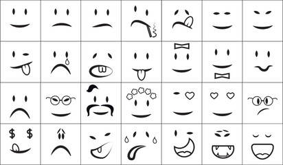 Collection of twenty eight comic facial expressions.