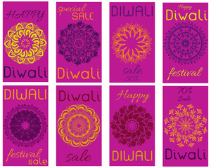 Set of Diwali flyers with colorful mandalas, idea for a discount card, social media, banner or poster for the holiday