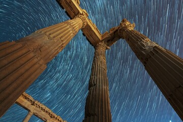 Columns of the ancient city of Pergamon, Stars the background - Bergama, Turkey