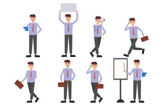 Flat design concept of Businessman with different poses, working and presenting process gestures, actions and poses. Vector cartoon character design set.