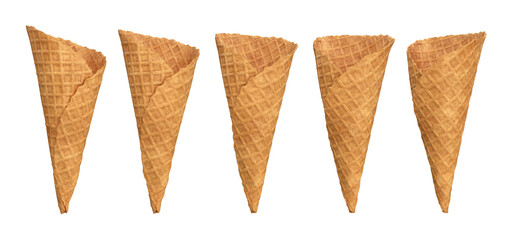 Collection of waffle cones five options on a white background, 3d render