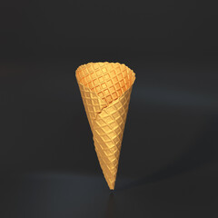 Golden waffle cone floating on a black background, 3d render