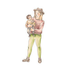 Mother and child. A woman holds a baby in her arms. Mom holds her son in her arms. hand-drawn drawing on a white background. Drawing with colored pencils