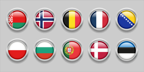 Europe Round Flags Set Collection 3D round flag, badge flag, Belarus, Norway, Belgium, France, Bosnia and Herzegovina, Poland, Bulgaria, Portugal, Denmark, Estonia