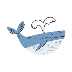 Blue whale vector illustration. Doodle hand drawn sea world character. Happy ocean fish isolated on white background. Childish t shirt print design marine