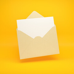 Beige open envelope with a sheet of paper floating on a yellow background, 3d render