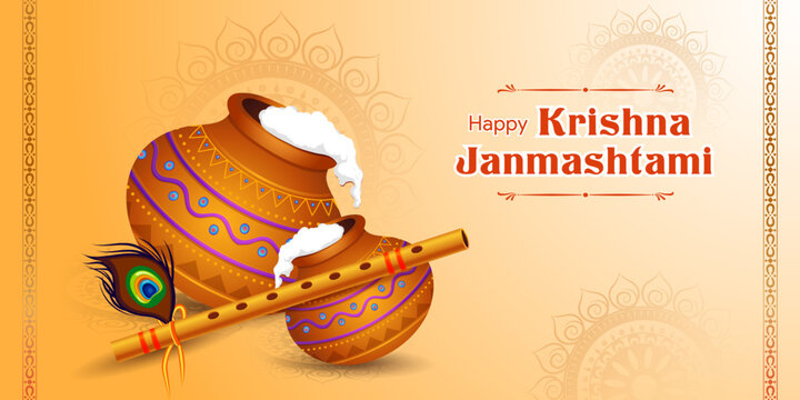 Abstract Happy Janmashtami festival background with Dahi Handi, Bansuri (flute) and Peacock feather. Traditional Hindu religion festival of India.