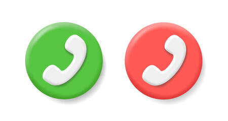 Green and red mobile handset buttons set. Accept and decline phone call. Incoming call. Vector 3d