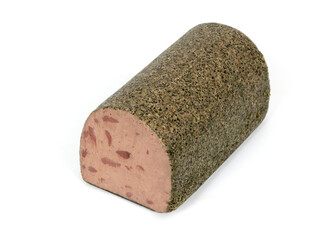 piece of foie mousse with pepper on white background