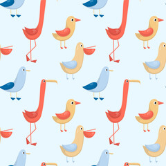 Vector pattern with birds (flamingo, seagull, pelican)