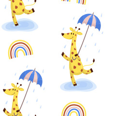 Vector pattern with a giraffe under an umbrella