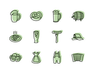 Oktoberfest, beer flat line icons set. Beer, sausage, pretzel and Bavarian hat, beer glass, barrel. Simple flat vector illustration for store, web site or mobile app