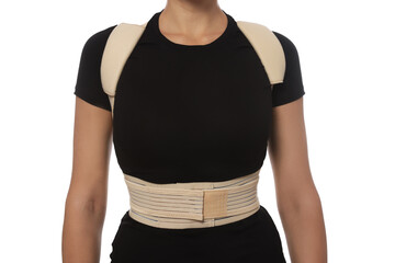 Closeup view of woman with orthopedic corset on white background