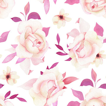 Watercolor seamless floral pattern with garden tea flowers, roses, pink leaves on white background. Perfect for wallpaper, wrapping paper, fabric design, digital paper.