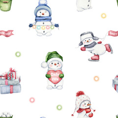 Watercolor Christmas seamless pattern on white background. Cartoon winter characters. Cute snowmen , funny friends. Perfect for wallpaper, wrapping paper, fabric design, kids digital paper.