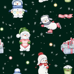 Cute snowmen , funny friends illustration. Watercolor Christmas seamless pattern on dark green background. Cartoon winter characters, snowflakes. Perfect for wallpaper, wrapping paper, fabric design