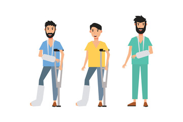 set of sick people, broken arm and broken leg vector illustration cartoon characters