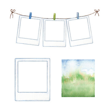 Watercolor empty photo frame template. Hand painted illustration isolated on white background. Kids design for poster, print, postcard, scrapbooking