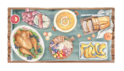 Fototapeta na wymiar Thanksgiving Day dinner with stuffed turkey, pumpkin soup, baked vegetables, bread and snacks. Holiday food, celebration table. Watercolor hand painted illustration
