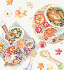 Watercolor Thanksgiving Day, festive turkey dinner table, cozy fall. Holiday food. Family, friends celebration. Watercolor hand painted illustration