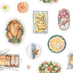 Watercolor seamless pattern. Thanksgiving Day dinner with fried turkey, pumpkin pie, baked vegetables, bread. Holiday food, celebration table. Hand painted illustration for fabric, background, cards