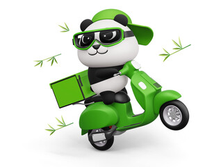 Cute Panda riding a motorcycle, panda delivery, 3d rendering