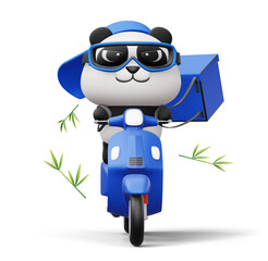 Cute Panda riding a motorcycle, panda delivery, 3d rendering