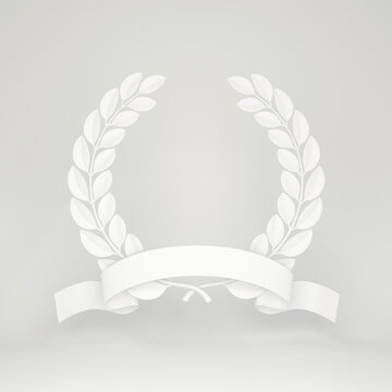 Gray laurel wreath with a gray ribbon on a gray background, 3d render