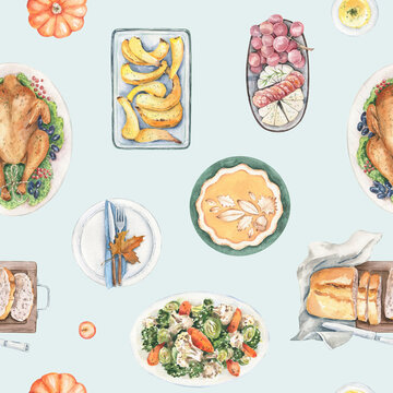 Watercolor seamless pattern with light blue background. Thanksgiving Day dinner with fried turkey, pumpkin pie, baked vegetables, bread. Holiday food, celebration table. Hand painted illustration