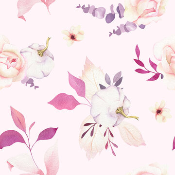 Watercolor seamless floral pattern with garden flowers, tea roses, white pumpkins, lilac leaves, purple eucalyptus greenery on light pink backdrop. Fall wedding design