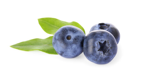 Tasty ripe fresh blueberries and green leaves on white background