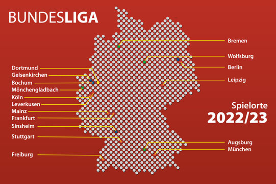 Map of cities in Germany with teams the first German football league, the Bundesliga in the 2022/23 season with German city names. Vector Illustration.