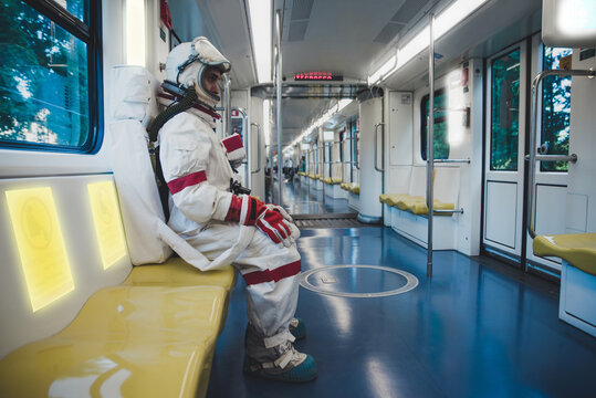 Spaceman In A Futuristic Station. Astronaut On A Shuttle