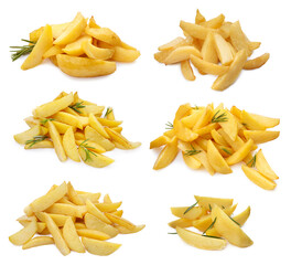 Set with delicious hot baked potatoes on white background