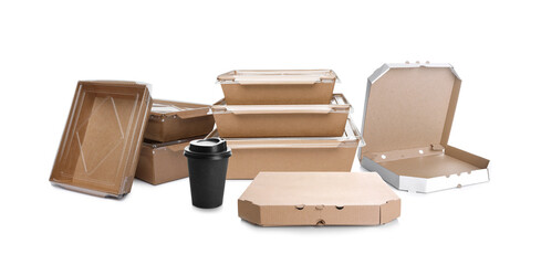 Set with cardboard pizza boxes, takeaway paper cup and containers for food on white background