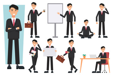 Flat design concept of Businessman with different poses, working and presenting process gestures, actions and poses. Vector cartoon character design set.