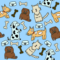 Vector seamless pattern with cute dogs isolated on blue background. Animal pattern for kids textile, nursery decor, fabric