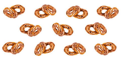 Set of Turkish simit bread rings from whole wheat isolated on white background handmade painted picture texture like wallpaper 