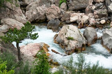 Scenic river view of Albanian nature. Alpin environment background, traveling concept