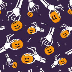 Skeleton hands holding Halloween candy basket. Seamless pattern on blue background. Halloween concept 