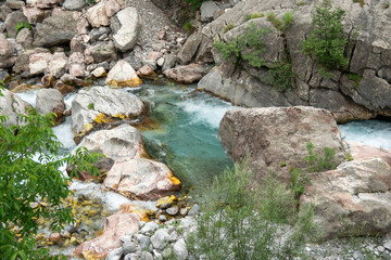 Scenic river view of Albanian nature. Alpin environment background, traveling concept