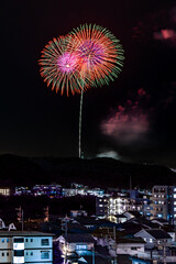 Beautiful colorful fireworks in the sky. International Fireworks. Fireworks are displayed in the dark sky background. Japan festival. Framed Explosion. Cityscape night time