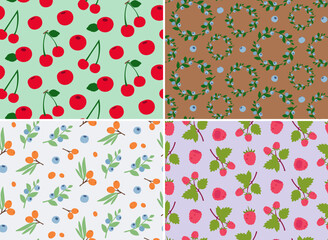 Set of seamless patterns with different berries. Nature textures in flat style.