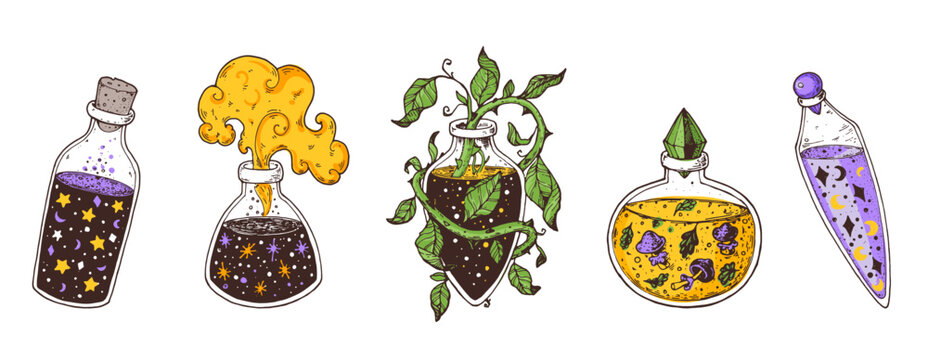 Witch's potion collection. Poison, drug, decoction. Magic bottled drinks. Cartoon style. Hand drawn vector illustration. Witch potion vial set. Happy Halloween