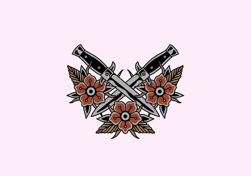 Old School Tattoo Style Graphic Design Illustration Knife And Flowers