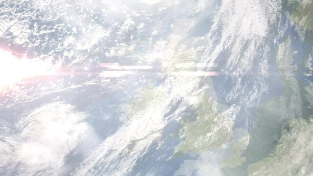 Earth zoom in from outer space to city. Zooming on Coleraine, UK. The animation continues by zoom out through clouds and atmosphere into space. Images from NASA