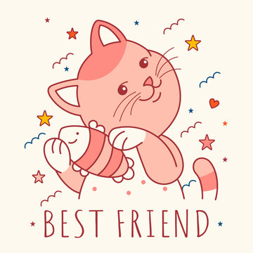 Cute fun kitten with a friend - fish with slogan "Best friend". Sticker with funny pet, doodle childish drawing for print